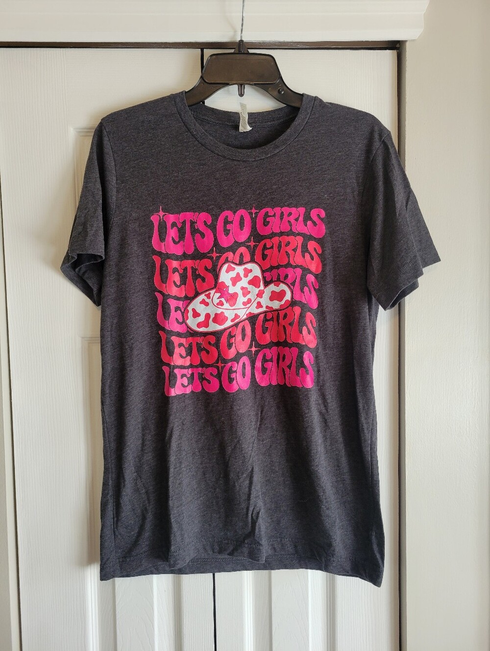 Bridesmaid "Let's Go Girls" Cowgirl Charcoal Tee with Hot Pink For Bachelorette